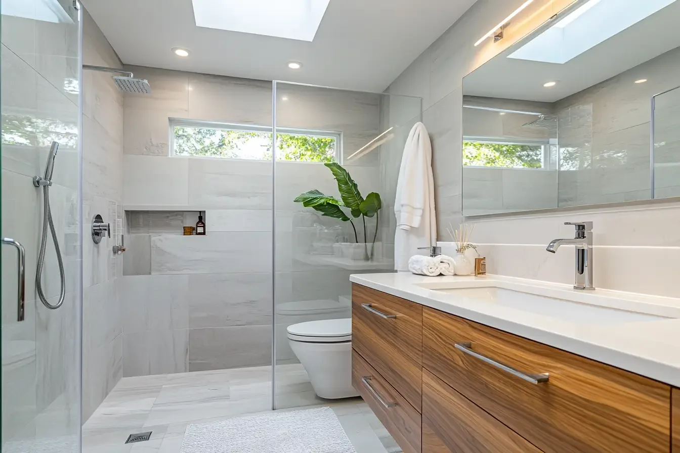 Remodeled bathroom with frameless glass walk-in shower, large-format tile, skylight and floating walnut vanity