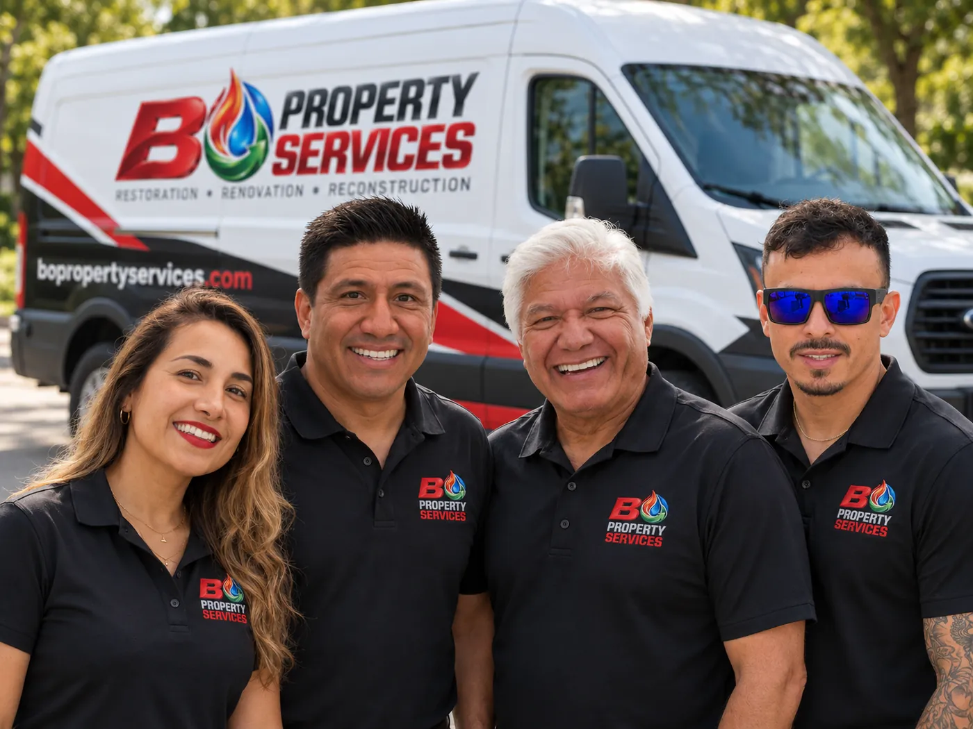 The BO Property Services team in branded polo shirts in front of a BO Property Services company van