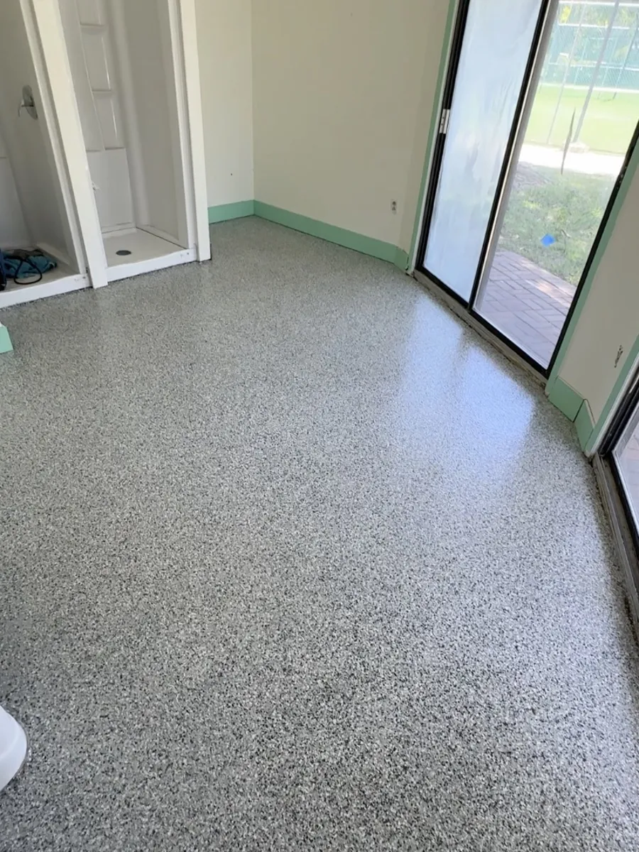 Commercial restroom floor after flake coating