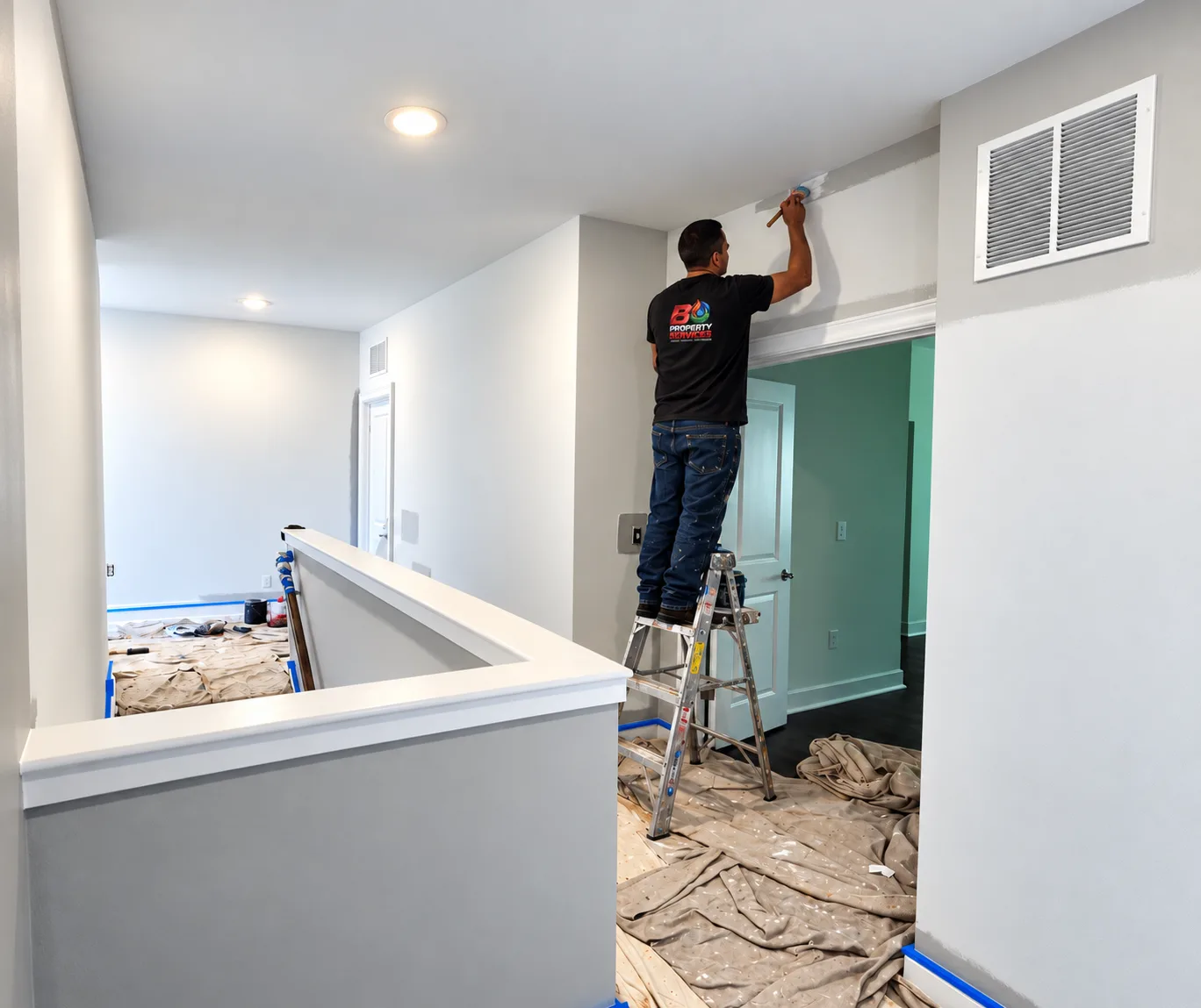 Painter on a ladder cutting in a fresh wall color above a doorway, with floors protected by drop cloths and trim taped off