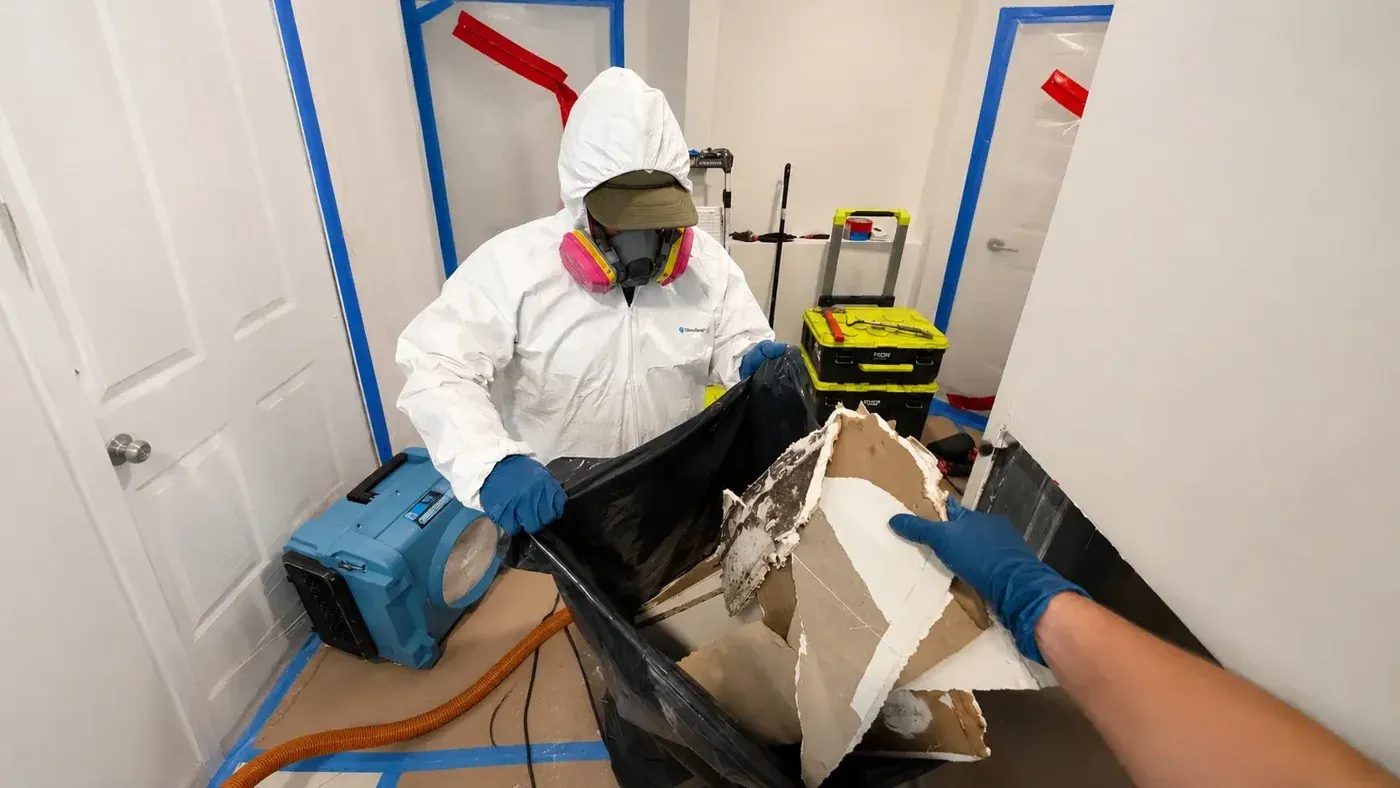 Technician in protective suit and respirator bagging mold-damaged drywall inside a sealed containment area with an air scrubber