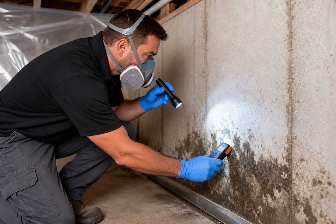 Technician wearing a respirator inspecting mold growth on a wall with a flashlight and moisture meter