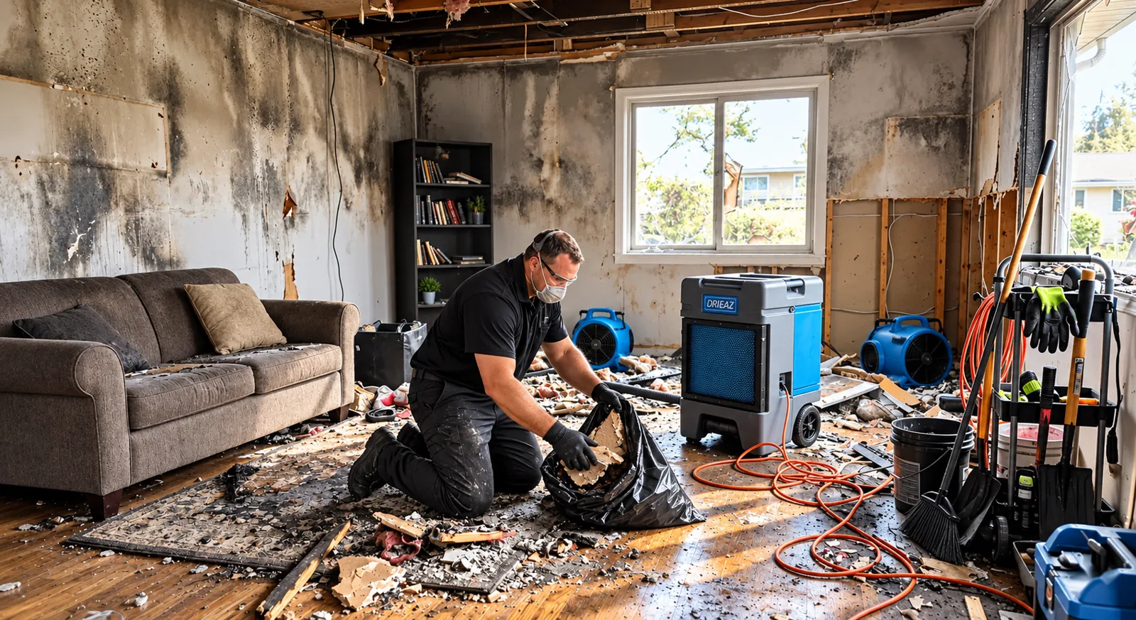 Technician bagging fire-damaged debris in a soot-covered living room, with a dehumidifier and air movers running