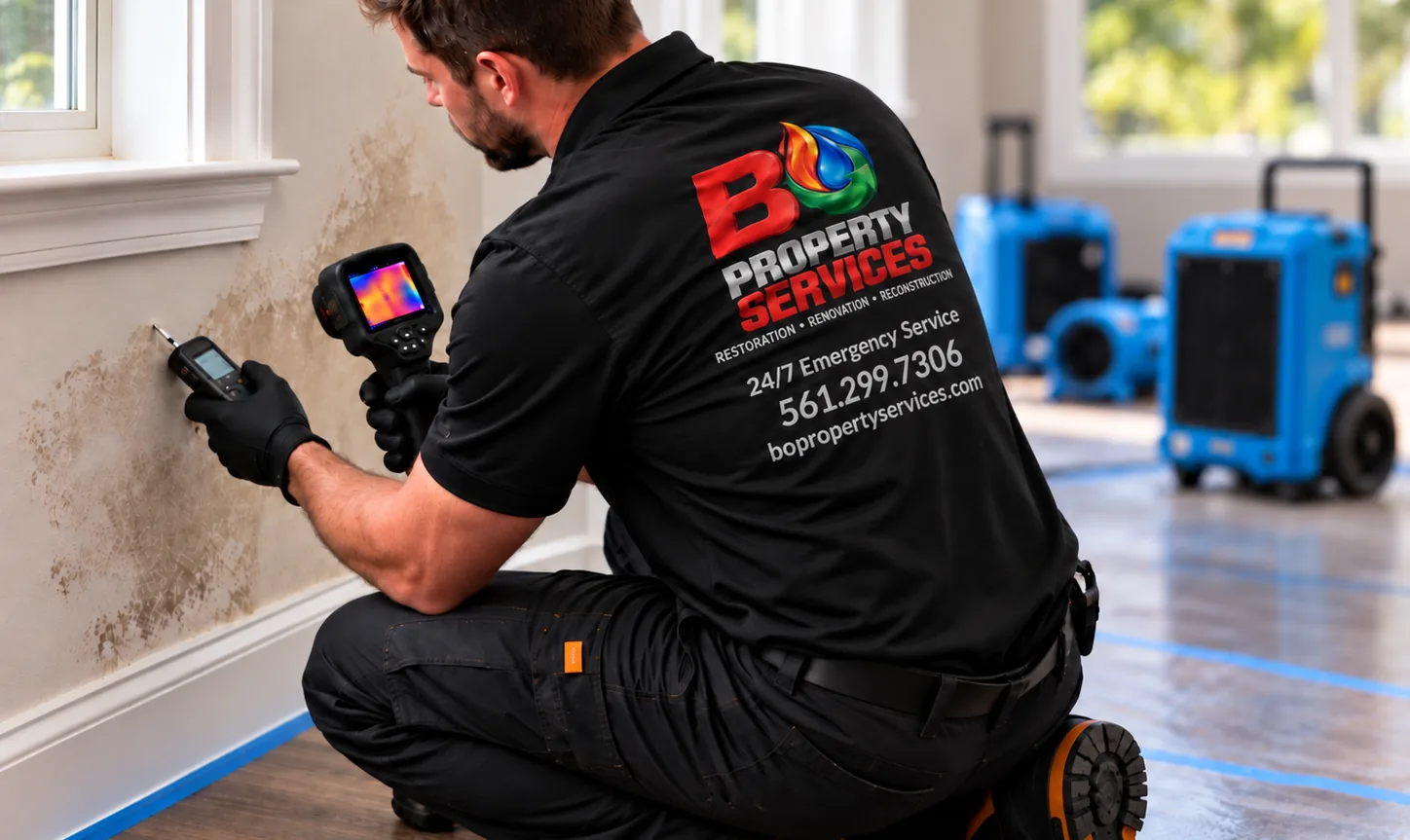 BO Property Services technician inspecting a water-damaged wall with a moisture meter and thermal camera, with dehumidifiers drying the room
