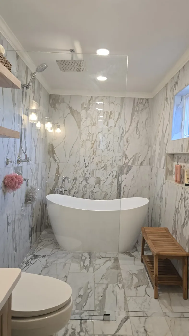Wet room with a freestanding soaking tub, rain shower and floor-to-ceiling marble-look porcelain tile behind a glass panel