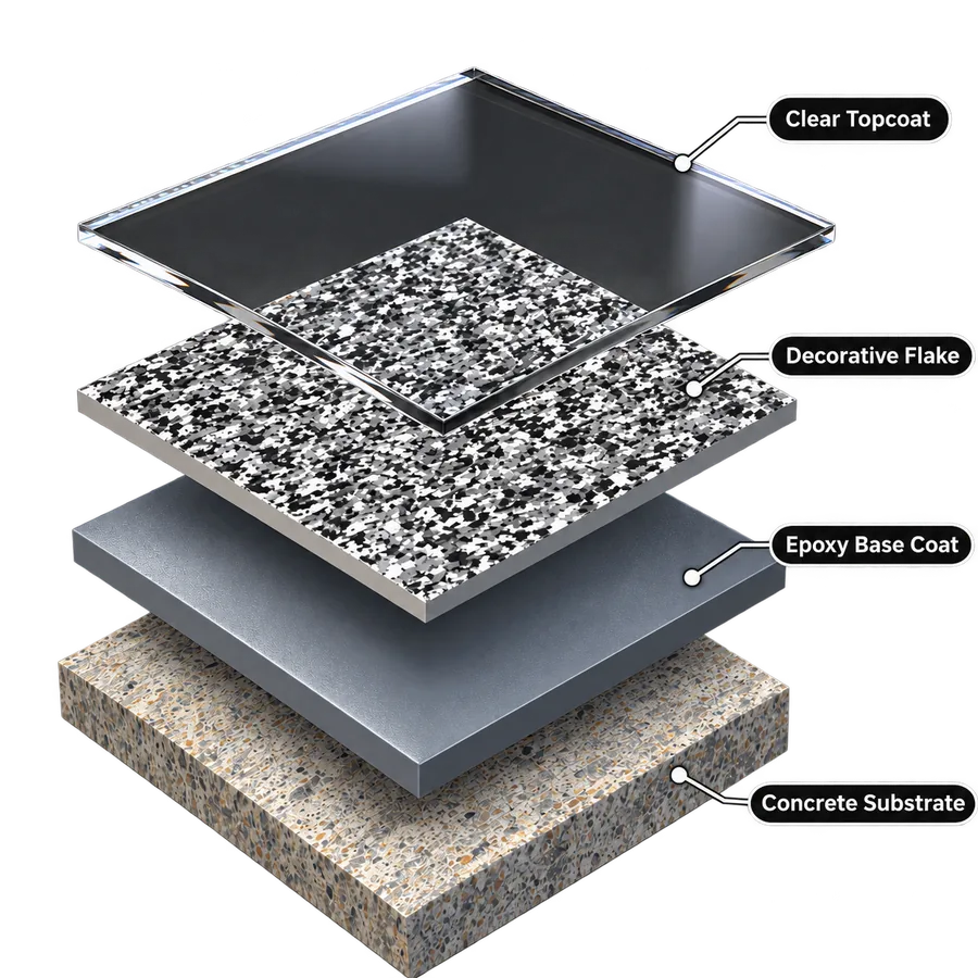Epoxy Dog Standard full-flake system layers: concrete, epoxy base coat, decorative flake and clear polyaspartic topcoat