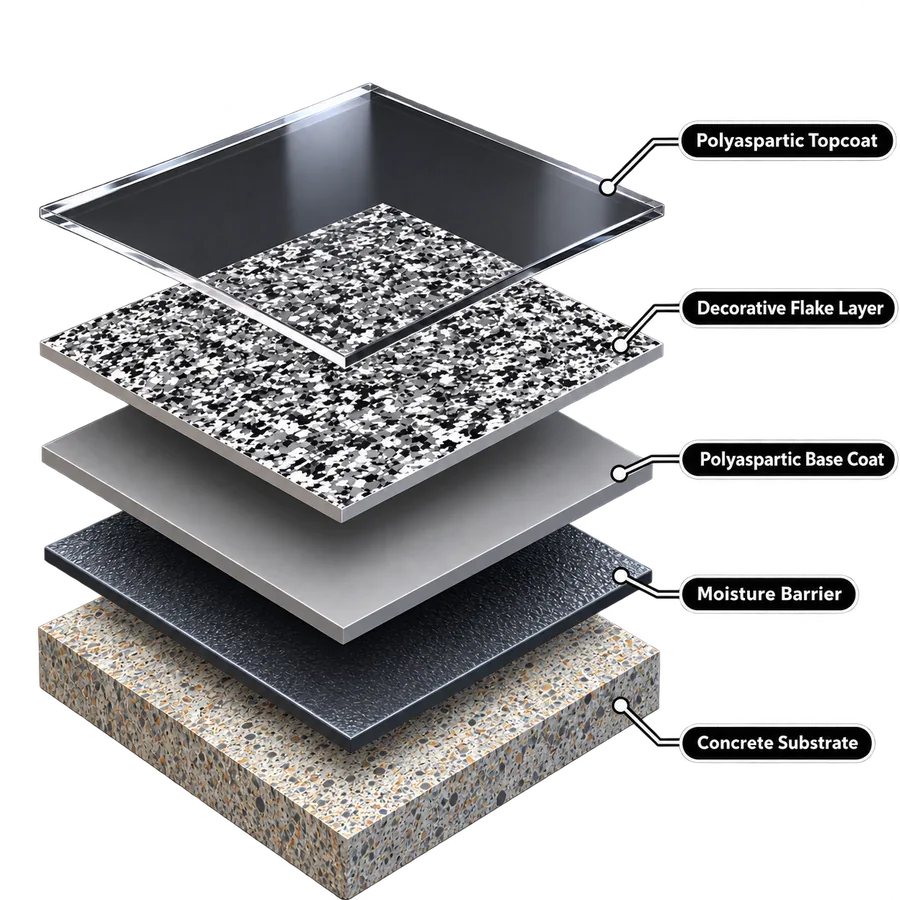 Epoxy Dog Premium full-flake system layers: concrete, moisture barrier, polyaspartic base coat, decorative flake and premium polyaspartic topcoat
